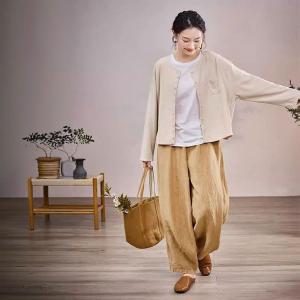 Cotton Linen Long Sleeves Pinstriped Cardigan