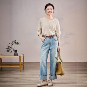 Cotton Linen Long Sleeves Pinstriped Cardigan