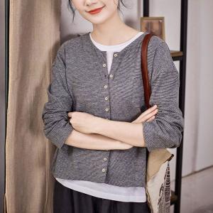 Cotton Linen Long Sleeves Pinstriped Cardigan