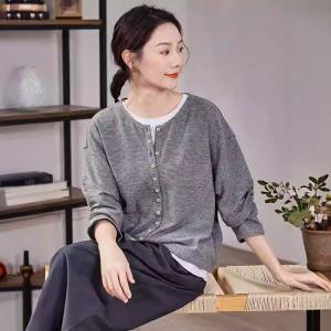 Cotton Linen Long Sleeves Pinstriped Cardigan