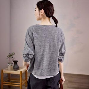 Cotton Linen Long Sleeves Pinstriped Cardigan