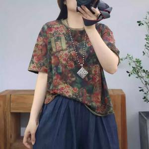 Flowers Patterns Short Sleeves Summer T-shirt