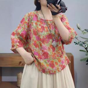 Breathable Comfy Ramie Floral Blouse