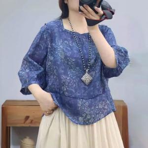 Breathable Comfy Ramie Floral Blouse