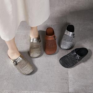 Hollow Out Knitting Leather Wide Toe Slippers