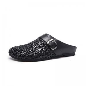 Hollow Out Knitting Leather Wide Toe Slippers