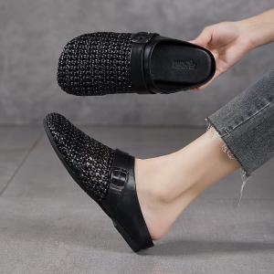 Hollow Out Knitting Leather Wide Toe Slippers