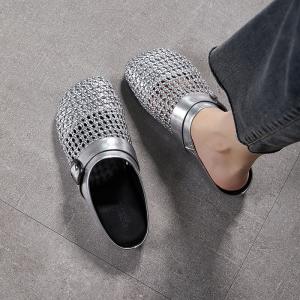 Hollow Out Knitting Leather Wide Toe Slippers