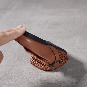 Hollow Out Knitting Leather Wide Toe Slippers