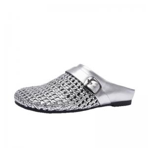 Hollow Out Knitting Leather Wide Toe Slippers