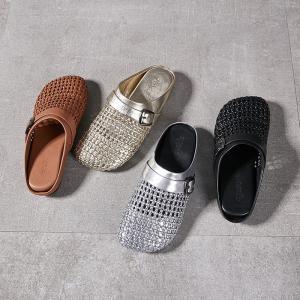 Hollow Out Knitting Leather Wide Toe Slippers
