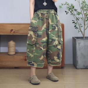 Flap Pockets Baggy Fringed Camo Jeans