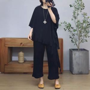 Casual Ruffled Asymmetrical T-shirt with Cotton Flare Pants