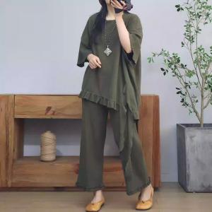 Casual Ruffled Asymmetrical T-shirt with Cotton Flare Pants