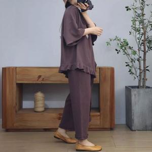 Casual Ruffled Asymmetrical T-shirt with Cotton Flare Pants