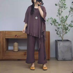 Casual Ruffled Asymmetrical T-shirt with Cotton Flare Pants