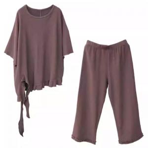 Casual Ruffled Asymmetrical T-shirt with Cotton Flare Pants