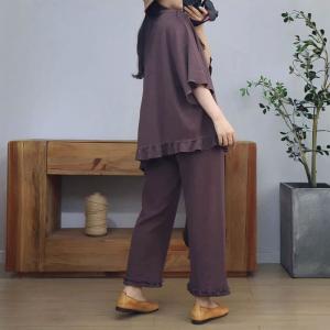 Casual Ruffled Asymmetrical T-shirt with Cotton Flare Pants