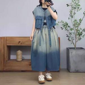 Blue Gradient Short Jacket with Wide Leg Jeans