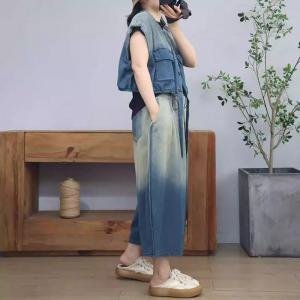 Blue Gradient Short Jacket with Wide Leg Jeans
