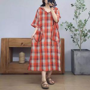 Front Pockets Cotton Linen Hooded Gingham Dress