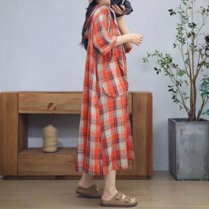 Front Pockets Cotton Linen Hooded Gingham Dress