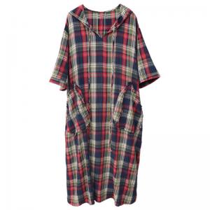 Front Pockets Cotton Linen Hooded Gingham Dress