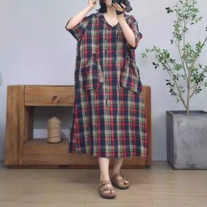 Front Pockets Cotton Linen Hooded Gingham Dress