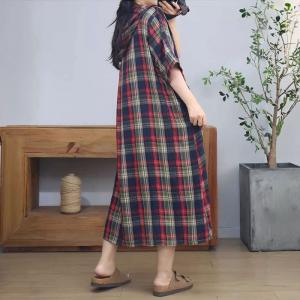 Front Pockets Cotton Linen Hooded Gingham Dress