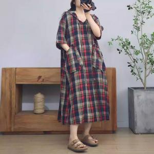 Front Pockets Cotton Linen Hooded Gingham Dress