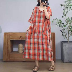 Front Pockets Cotton Linen Hooded Gingham Dress