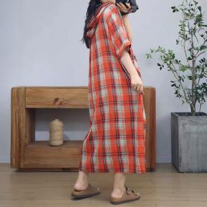 Front Pockets Cotton Linen Hooded Gingham Dress