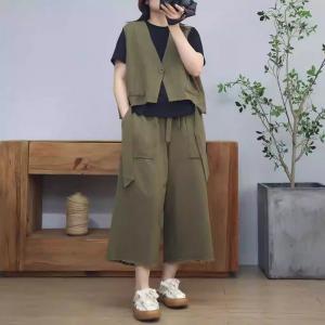 Tassel Plain Jacket Vest with Wide Leg Cotton Pants