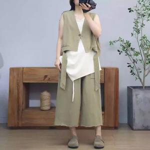 Tassel Plain Jacket Vest with Wide Leg Cotton Pants
