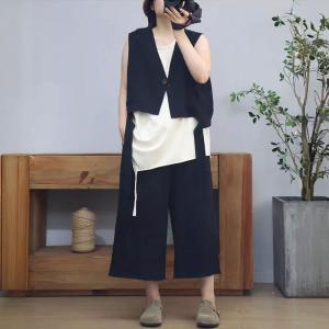 Tassel Plain Jacket Vest with Wide Leg Cotton Pants