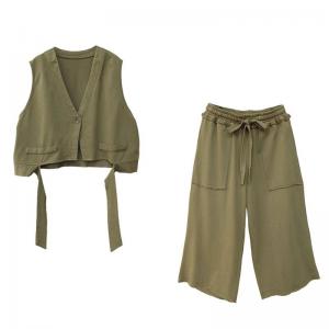Tassel Plain Jacket Vest with Wide Leg Cotton Pants