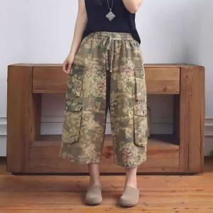 Pockets Decoration Mid-Calf Printed Pants