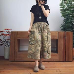 Pockets Decoration Mid-Calf Printed Pants