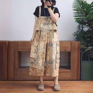 Retro Style Printed Cropped Top with Wide Leg Pants Sets