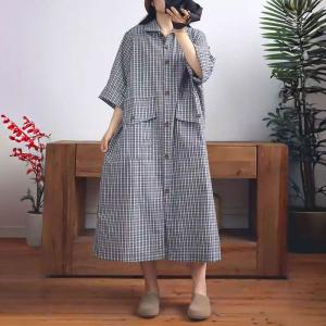 Korean Style Front Pockets Plaid Polo Shirt Dress