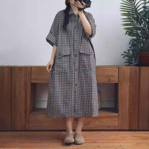 Korean Style Front Pockets Plaid Polo Shirt Dress
