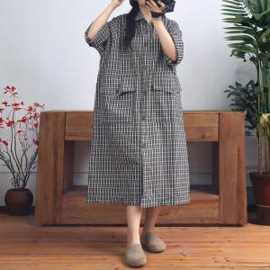 Korean Style Front Pockets Plaid Polo Shirt Dress