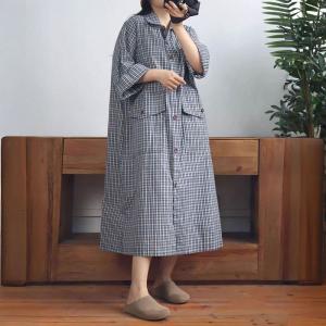 Korean Style Front Pockets Plaid Polo Shirt Dress
