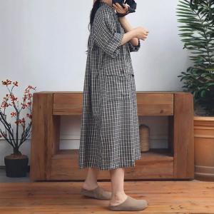 Korean Style Front Pockets Plaid Polo Shirt Dress