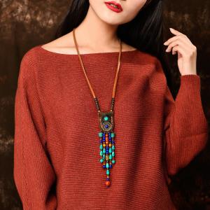 Chinese Folk Style Turquoise Long Sweater Necklace