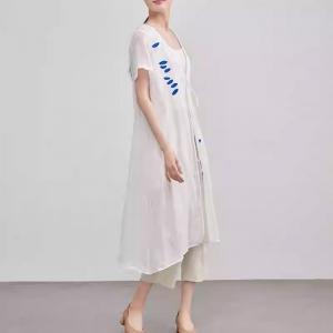 V-Neck Printed White Ramie Tied Cardigan