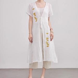 V-Neck Printed White Ramie Tied Cardigan
