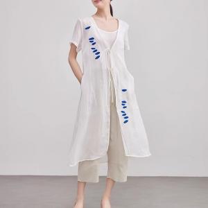 V-Neck Printed White Ramie Tied Cardigan