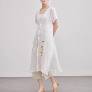 V-Neck Printed White Ramie Tied Cardigan