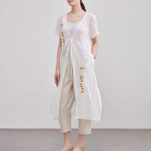 V-Neck Printed White Ramie Tied Cardigan